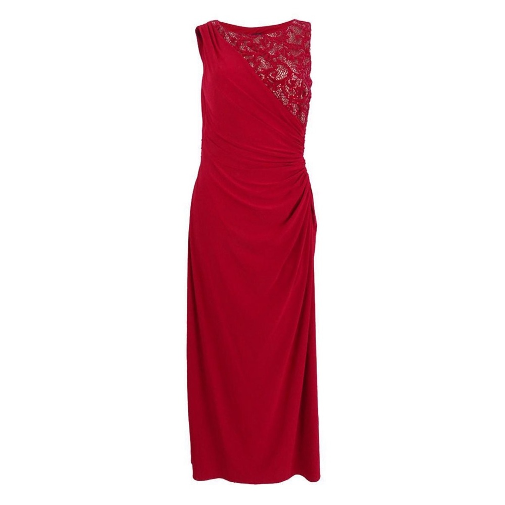 R&M Richards Women's Asymmetrical Ruched Lace Dress